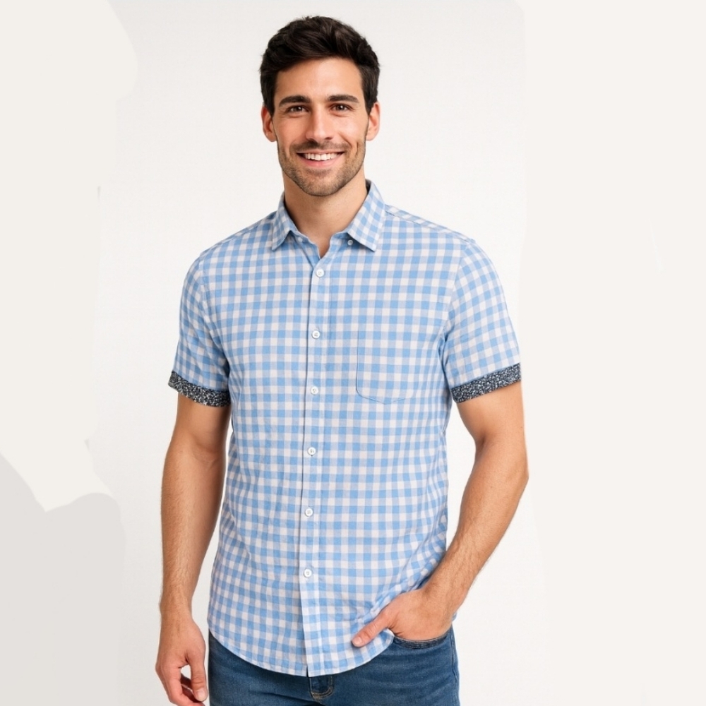 Hammer Made Linen Cotton Blend Bule White Check Short Sleep Button Down Shirt